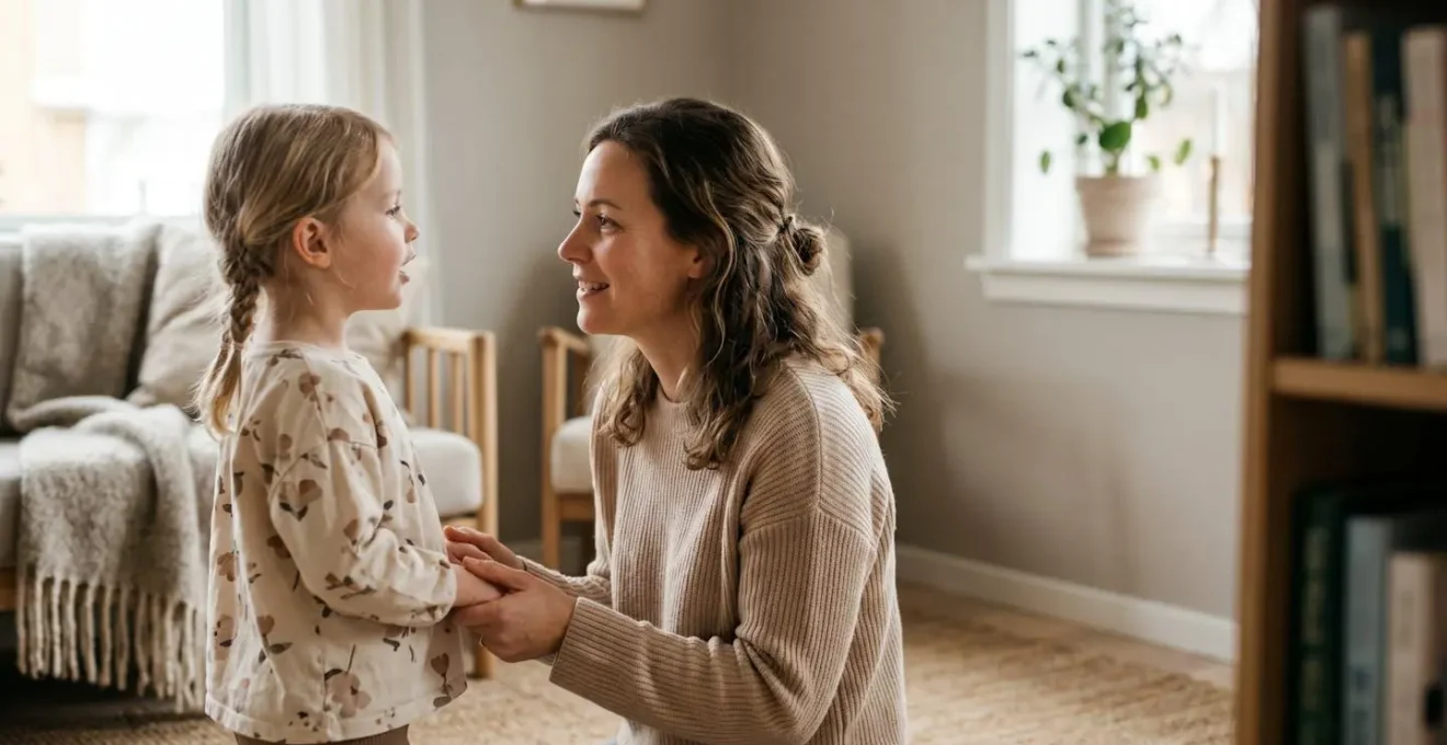 Parent kneeling at child's eye level in warm natural light, creating a moment of authentic connection and communication