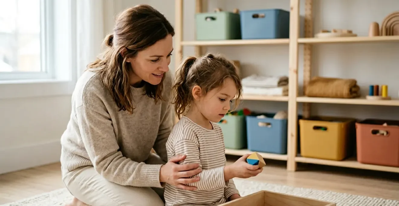 Parent and child working together organizing toys in a bright, peaceful room