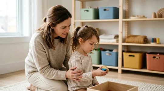 Parent and child working together organizing toys in a bright, peaceful room