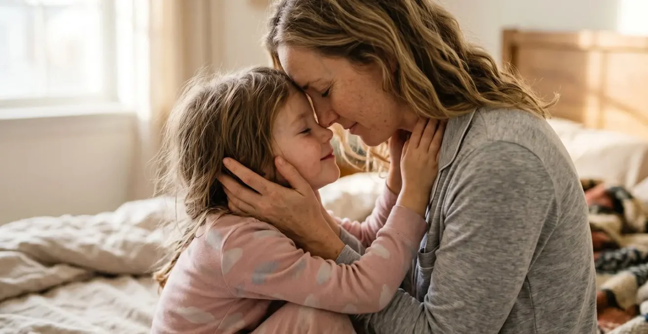 Close portrait of parent and child in gentle morning embrace with soft natural window light