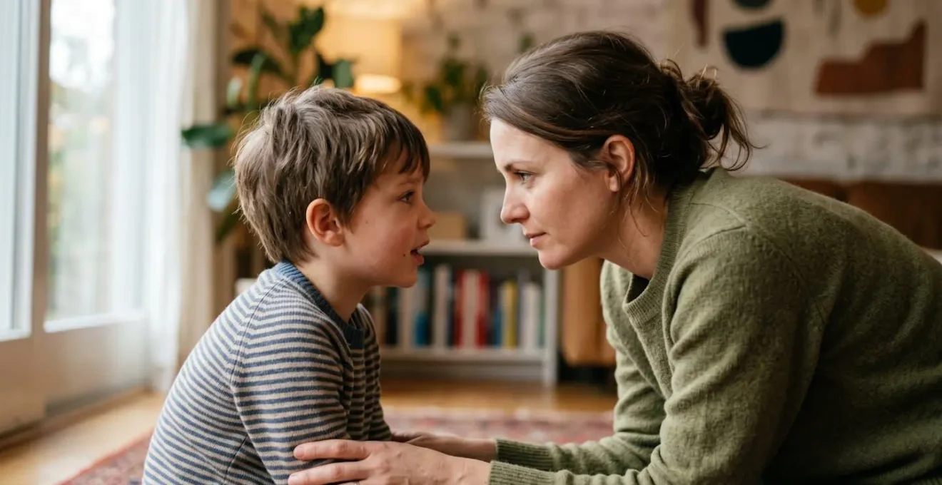 Close-up shot of a parent crouching at child's eye level, maintaining gentle eye contact and open body language, showing attentive listening and emotional presence in soft natural light
