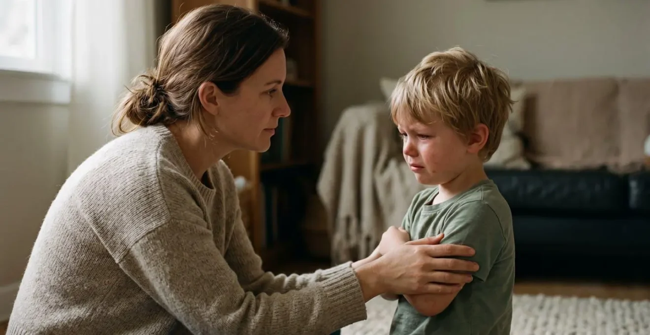 Parent kneeling at child's eye level acknowledging difficult emotions with empathy and presence