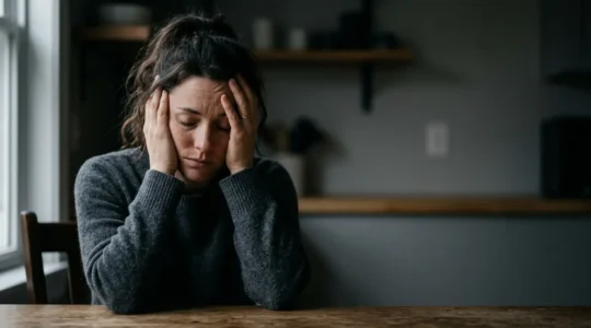 An exhausted parent taking a quiet moment of rest, capturing the emotional weight and need for recovery from parental burnout
