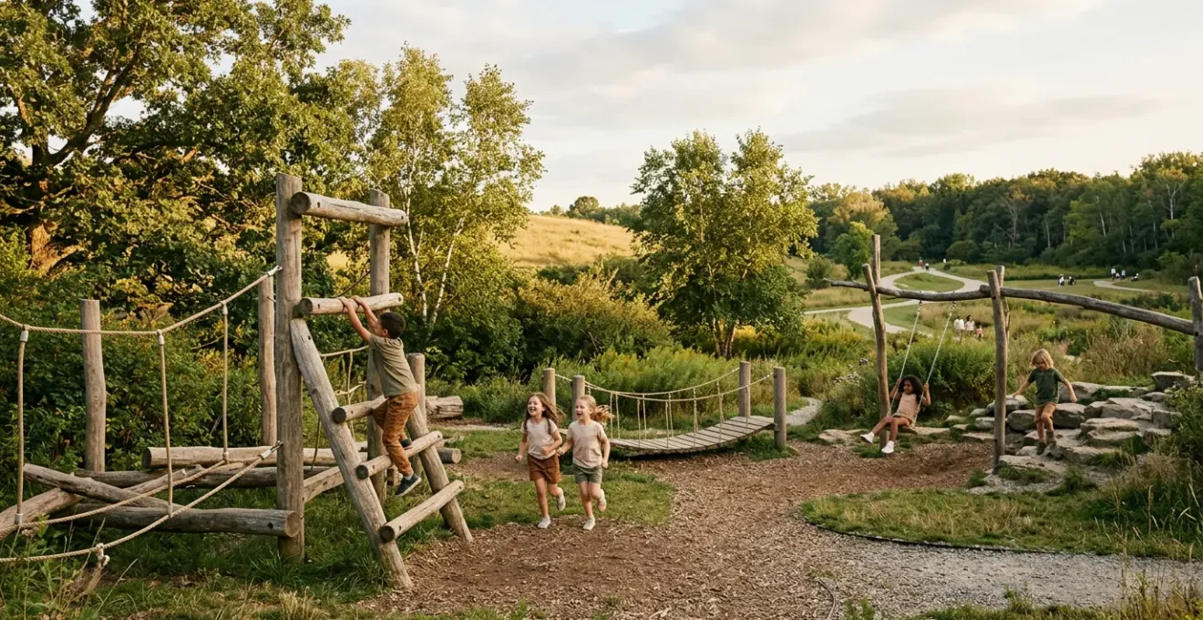 Children exploring a park with natural play elements and adventurous activities