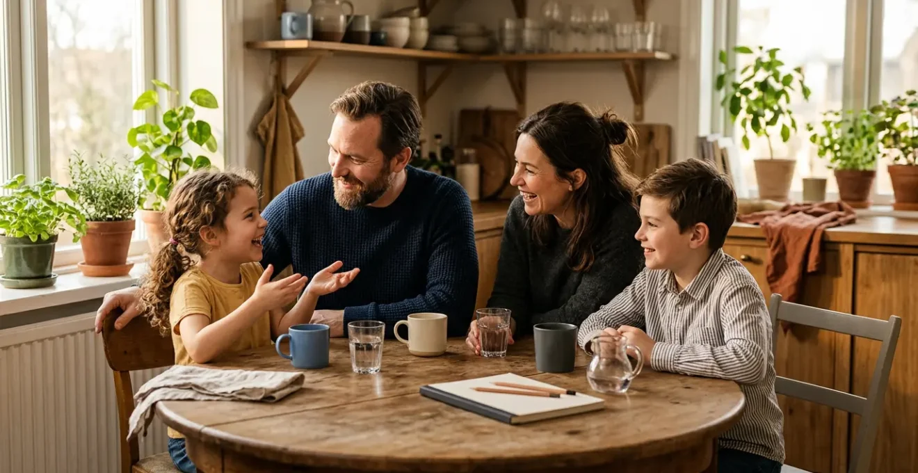 A diverse family gathered around a kitchen table in natural morning light, engaged in collaborative discussion with equal participation