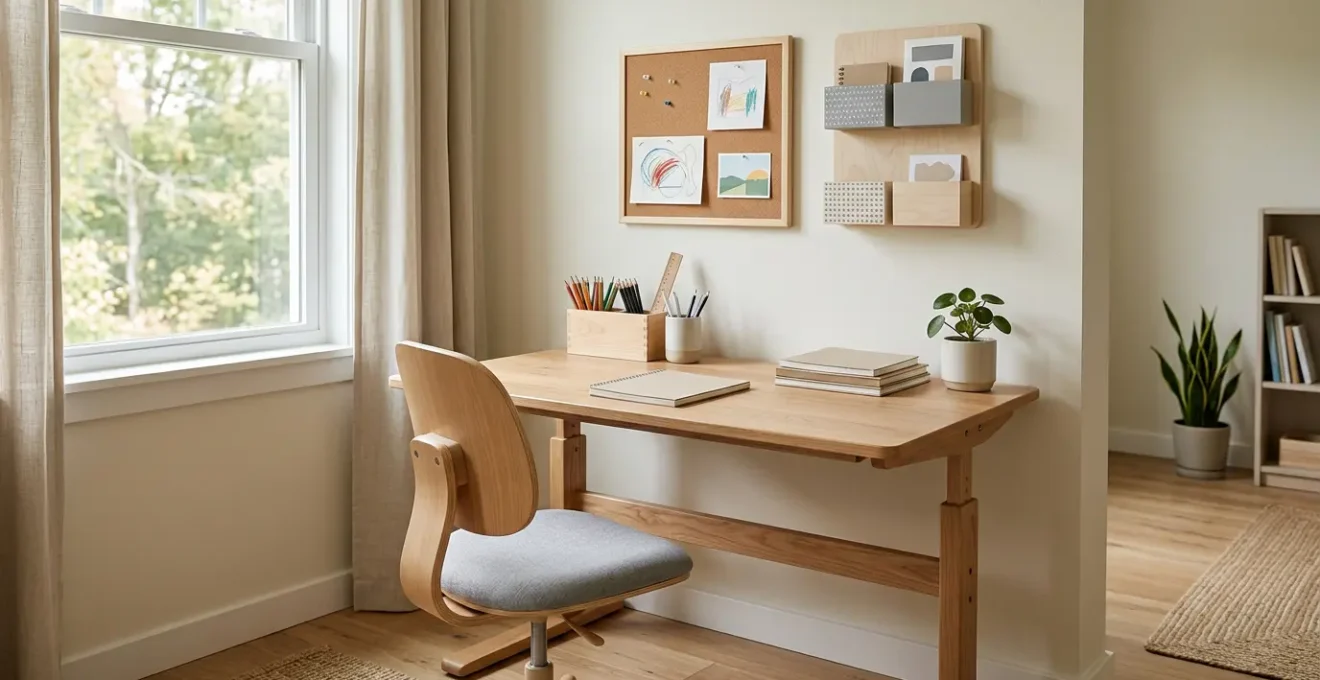 Well-organized children's study corner with ergonomic furniture and natural lighting creating an optimal learning environment