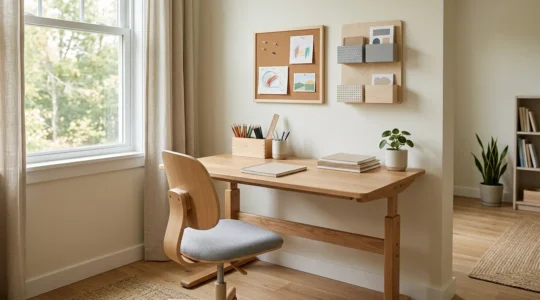 Well-organized children's study corner with ergonomic furniture and natural lighting creating an optimal learning environment