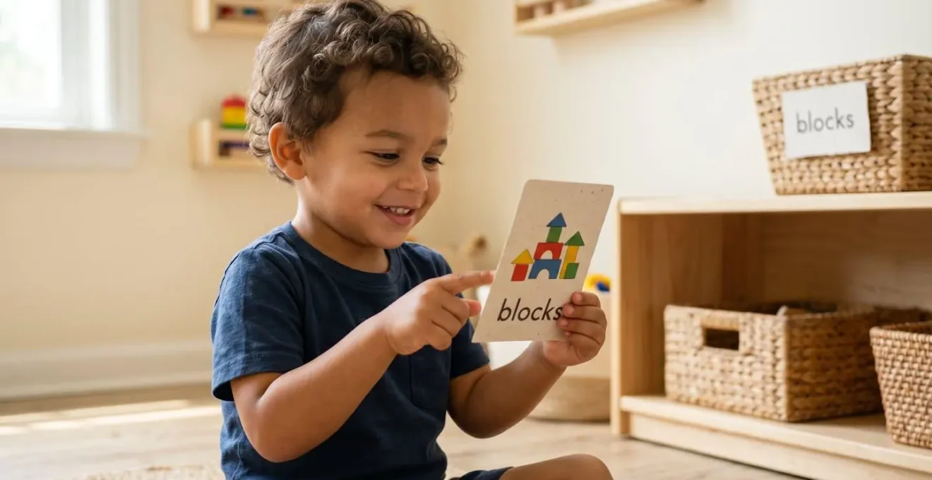 Wooden toy storage bin with picture-based label showing simple illustration paired with text for pre-reading child literacy development