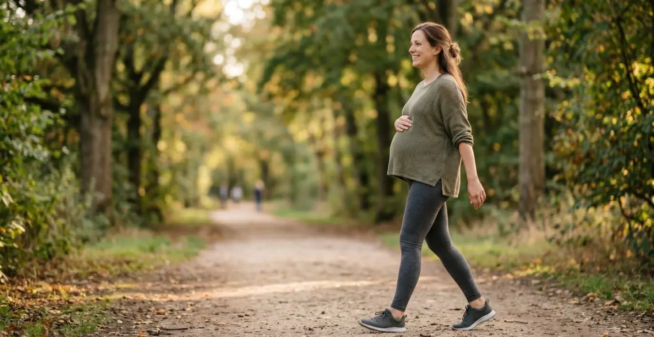 Pregnant woman walking peacefully along a tree-lined outdoor path in comfortable athletic wear