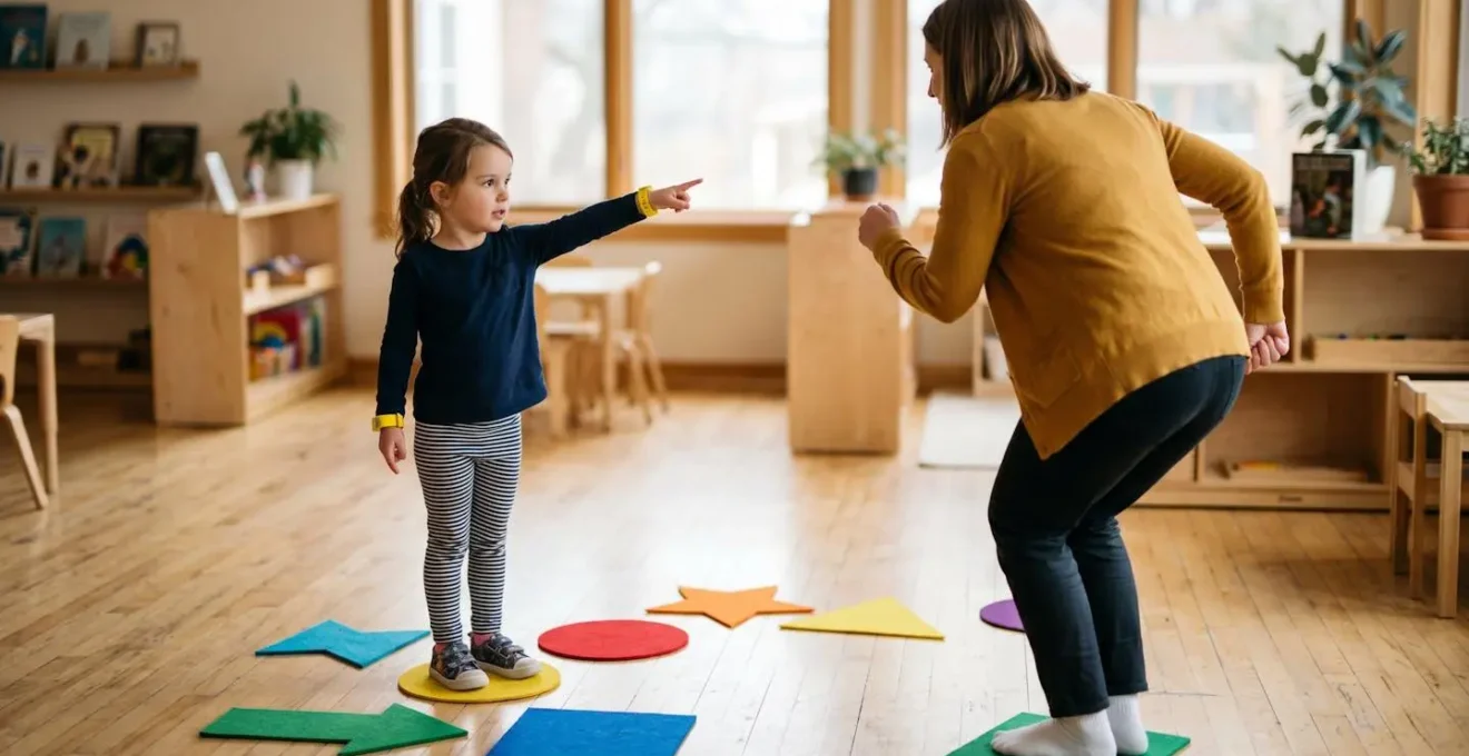 Young child giving step-by-step movement instructions during unplugged coding activity