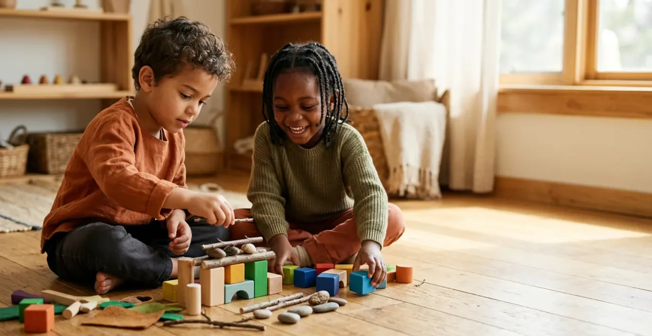 Young children engaged in playful STEM exploration with building materials and natural objects