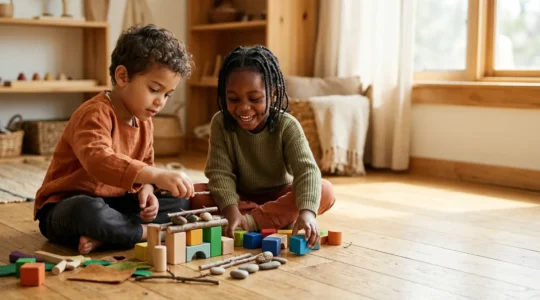 Young children engaged in playful STEM exploration with building materials and natural objects