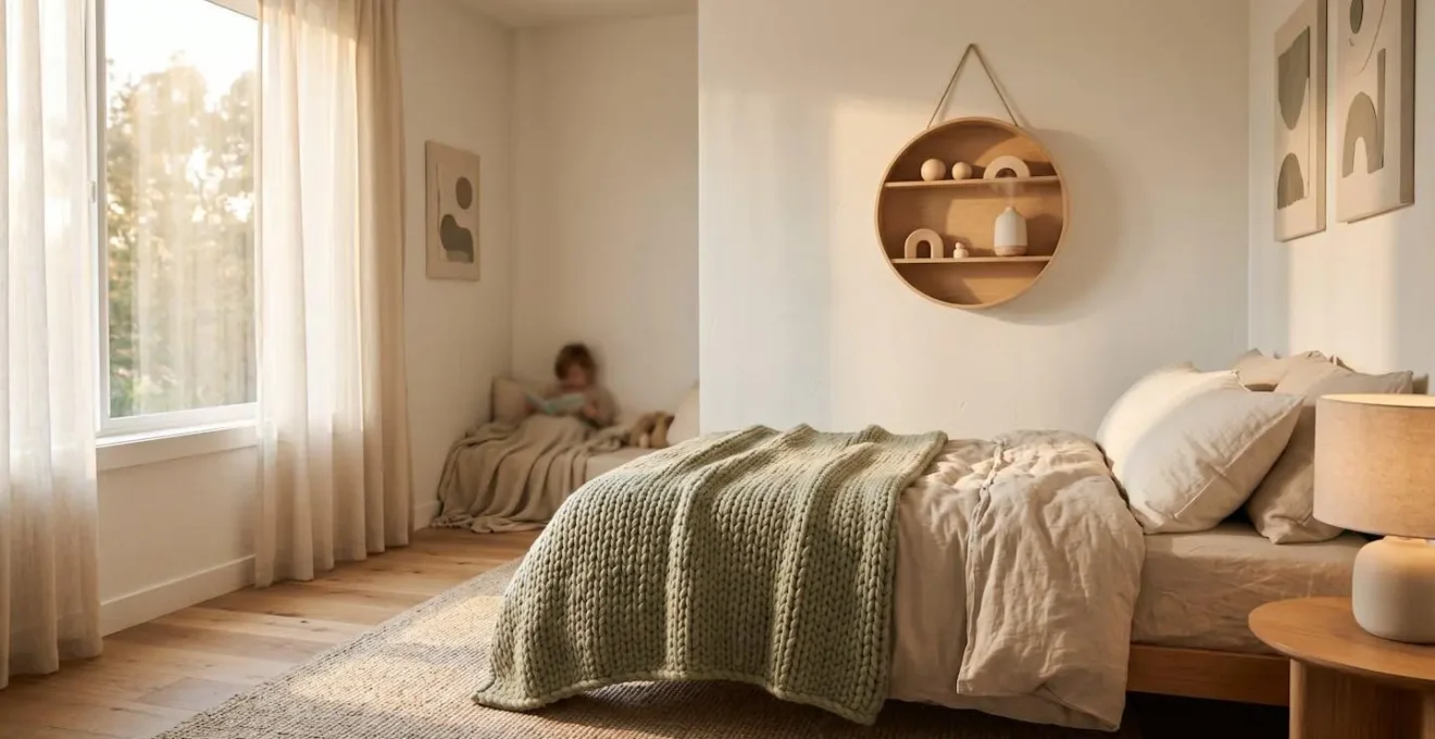 Wide minimalist shot of peaceful child's bedroom with soft evening light and calming textures
