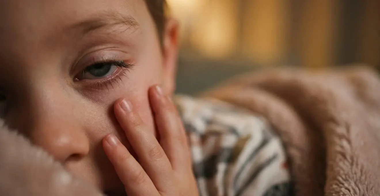 Macro close-up of child showing early sleep cues with warm evening lighting and soft textures