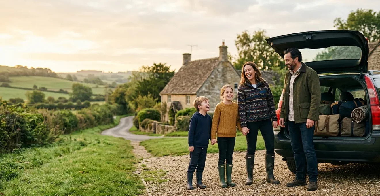 Happy British family embarking on a stress-free weekend adventure in the UK countryside