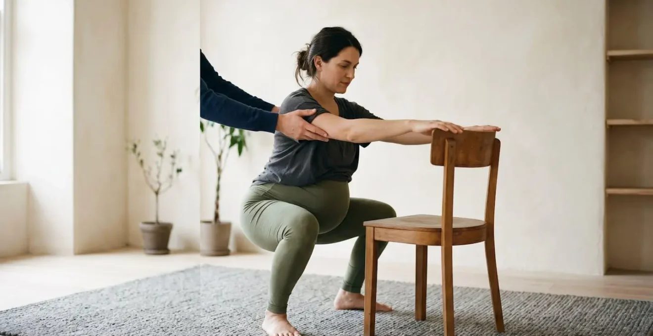 Pregnant woman demonstrating supported squat position with partner assistance