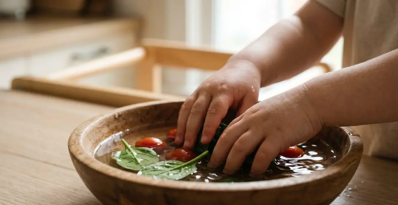 Macro detail shot of a toddler's hands safely engaged in a simple kitchen task while standing in a learning tower