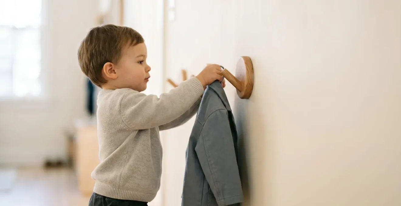 Young child successfully hanging jacket on low-mounted wooden wall hook at toddler height