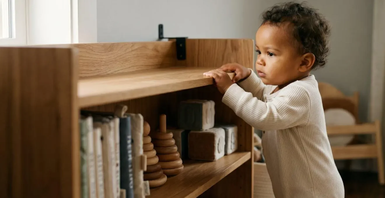Toddler safely pulling themselves up on a securely anchored wooden bookshelf