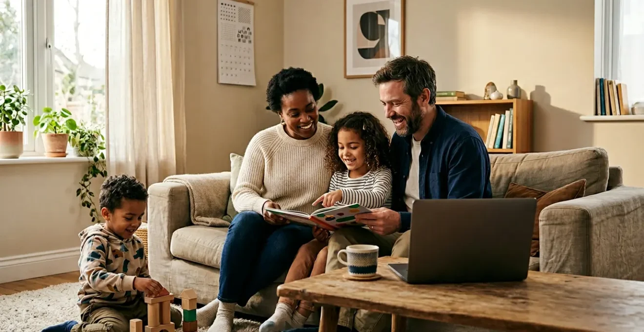 A serene family moment with natural lighting showing peaceful household organization