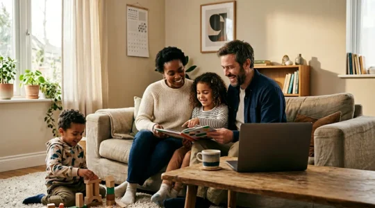 A serene family moment with natural lighting showing peaceful household organization
